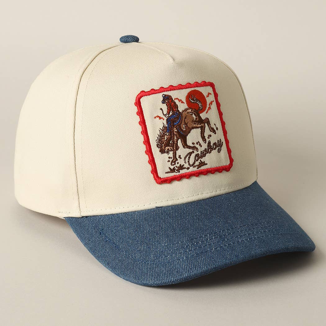 Detailed Cowboy Horse Embroidery Patch Denim Cap: DARK DENIM / ONE SIZE