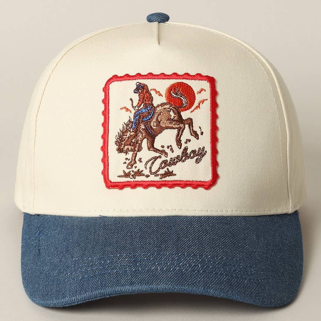 Detailed Cowboy Horse Embroidery Patch Denim Cap: DARK DENIM / ONE SIZE