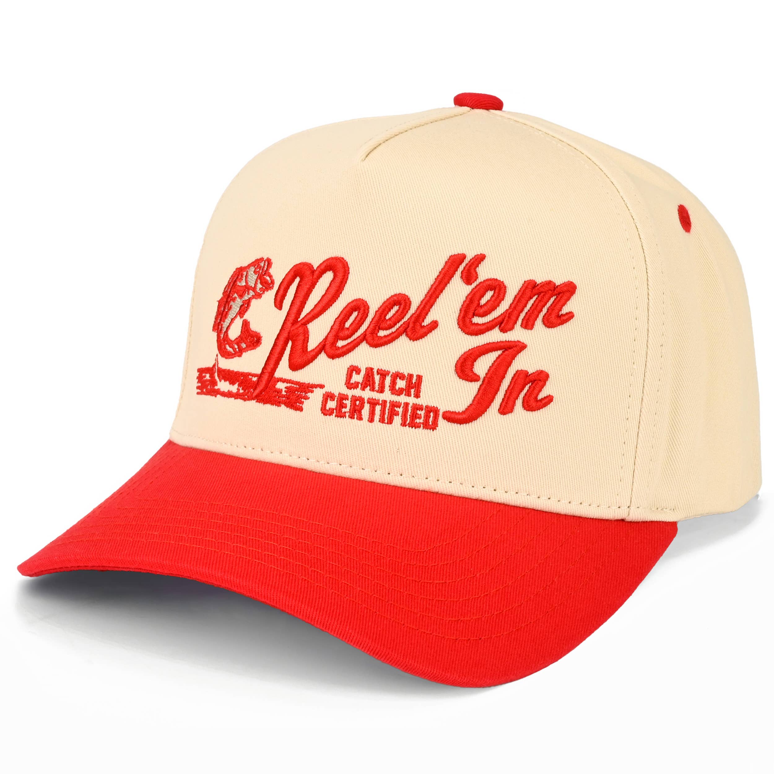 C.C REEL'EM IN Embroidered Letter Two Tone Trucker Hat: Red